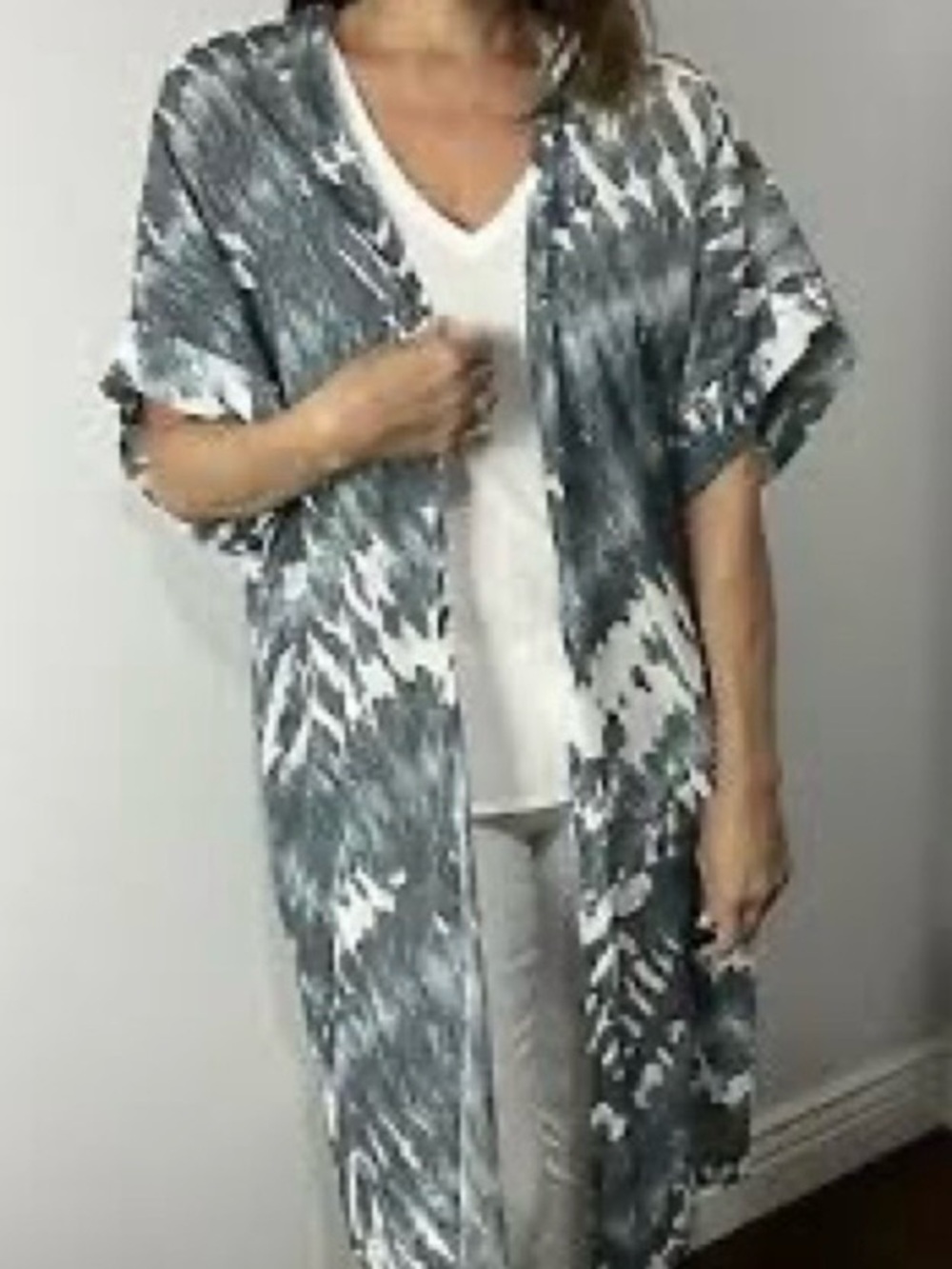 Gray Printed Open-Front Duster Jacket
